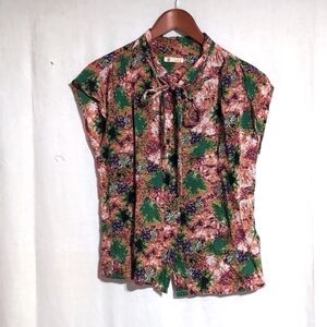 tulle Green Peach Cap Sleeve Button Up Tie Neck Blouse Size Medium